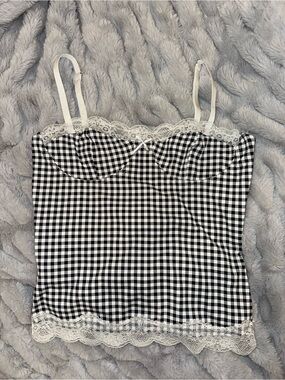 Lioness Black and White Gingham Lace-Trim Cami